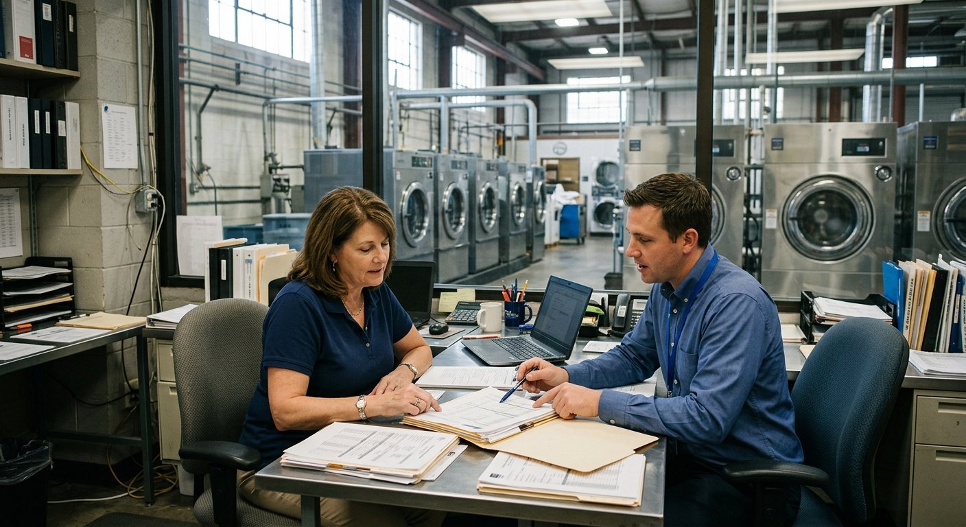 Woman and male salesperson reviewing a thick folder of documents at a desk inside a commercial laundry warehouse office