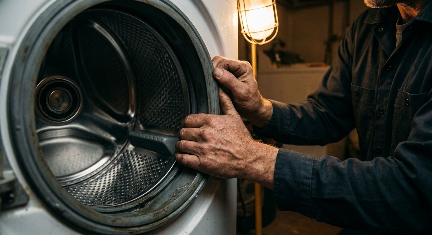 Weathered hands manually spinning a stainless steel washing machine drum in a dim basement, lit by a warm work lamp