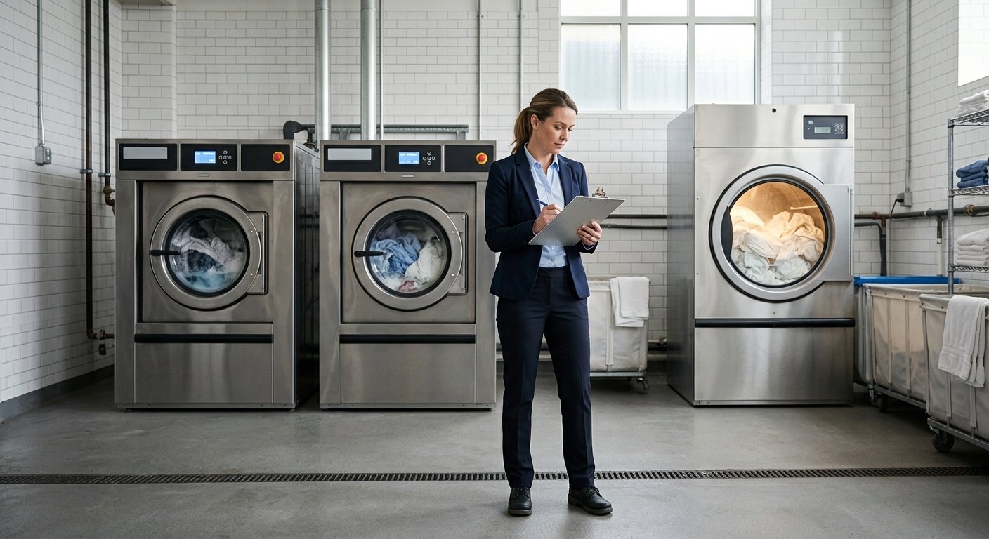 Facilities manager reviewing documents in a hotel commercial laundry room with large industrial washers and dryers behind her
