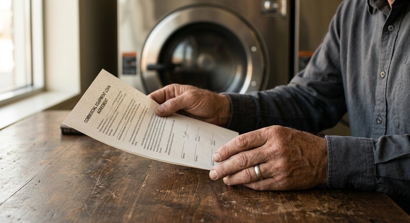 Close-up of hands holding a financing agreement at a desk, with a blurred commercial washer drum in the background