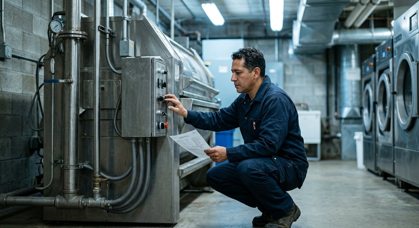 Male technician in work uniform crouching beside a large industrial extractor in a hotel basement laundry room, reviewing a s