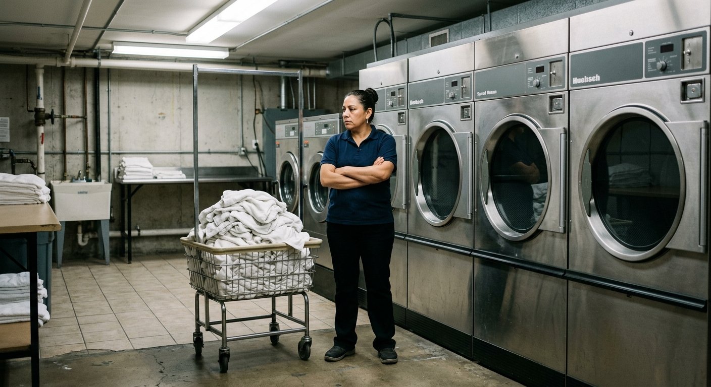 Hotel housekeeper standing idle next to a cart of wet linens in a commercial laundry room with dryers not yet ready