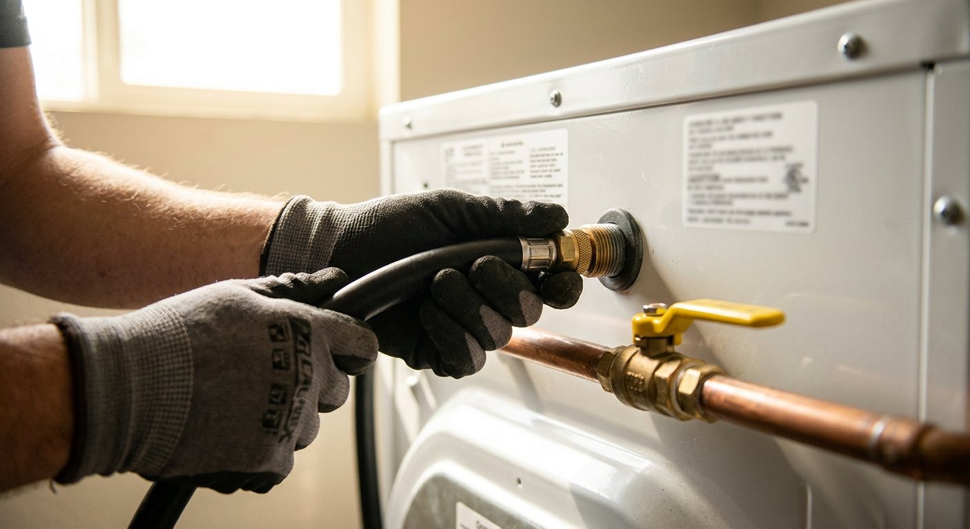 Gloved hands connecting a flexible gas line and brass fittings to the back of a commercial dryer in a utility room