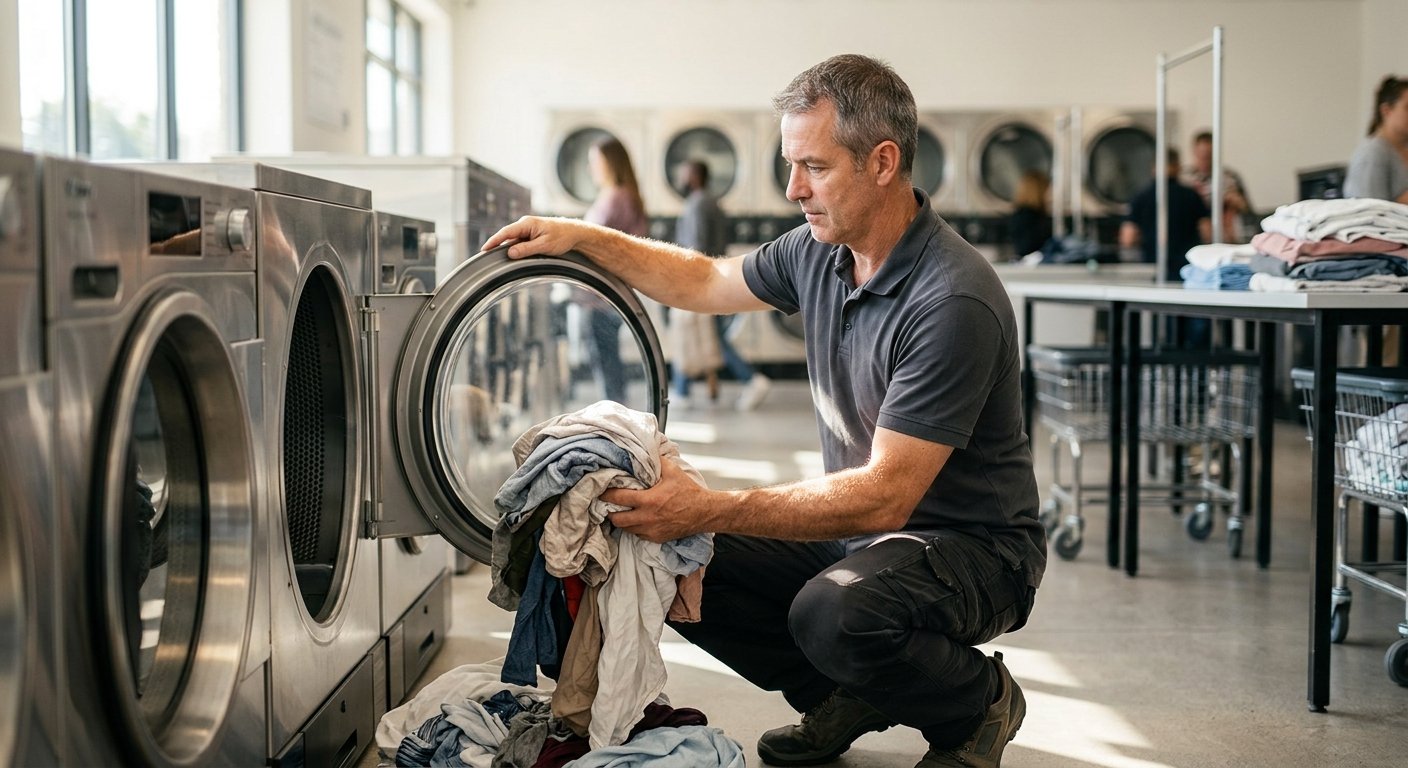 Laundromat attendant crouching at open commercial dryer, hefting damp laundry bundle to judge load weight before loading.
