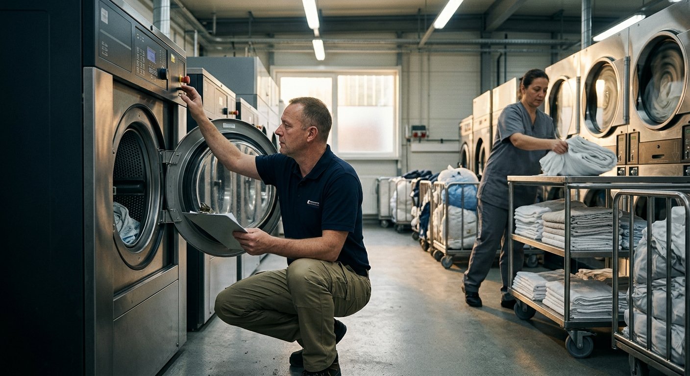 Facilities manager reviewing spec sheets beside a large commercial washer while a colleague loads sorted laundry onto a cart 