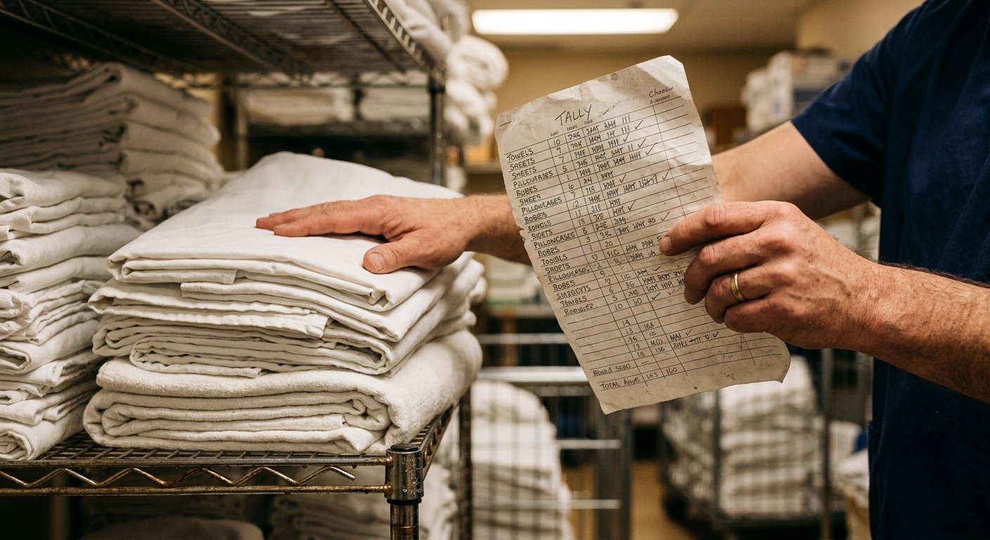 Hands holding a handwritten tally sheet next to a tall stack of folded white bed linens on a metal shelf in a linen room