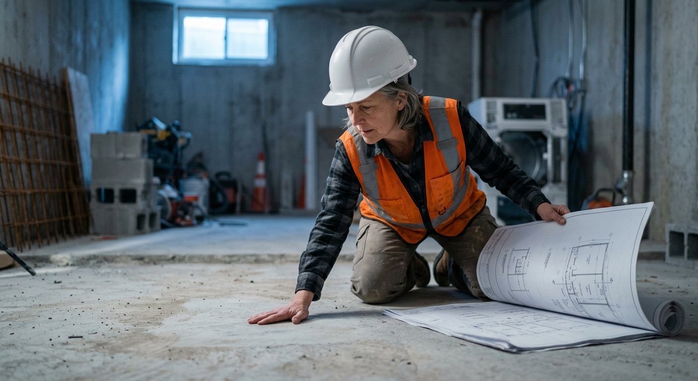 Engineer in hard hat kneeling on bare concrete slab in unfinished laundry room, reviewing blueprints with hand pressed to flo